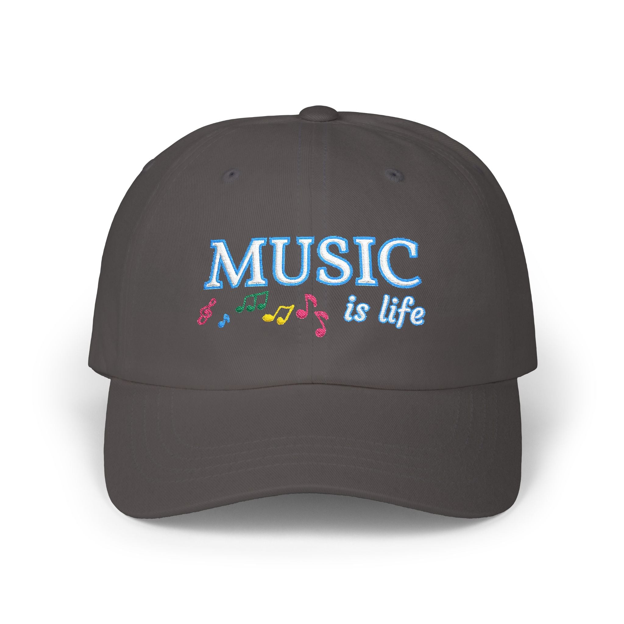 Dark grey cap with an embroidered MUSIC IS LIFE text and musical notes graphic.