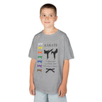 Young boy wearing a youth Gildan 5000B heavy cotton t-shirt in sport grey with a Karate text and graphic