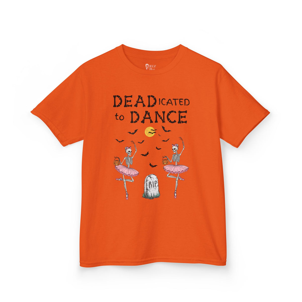 Front view of a youth Gildan 5000B heavy cotton t-shirt in orange with a Deadicated to Dance Halloween theme