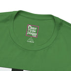 Close up view of a custom Dance Vibe Designs neck label shown above the t-shirt care instructions.