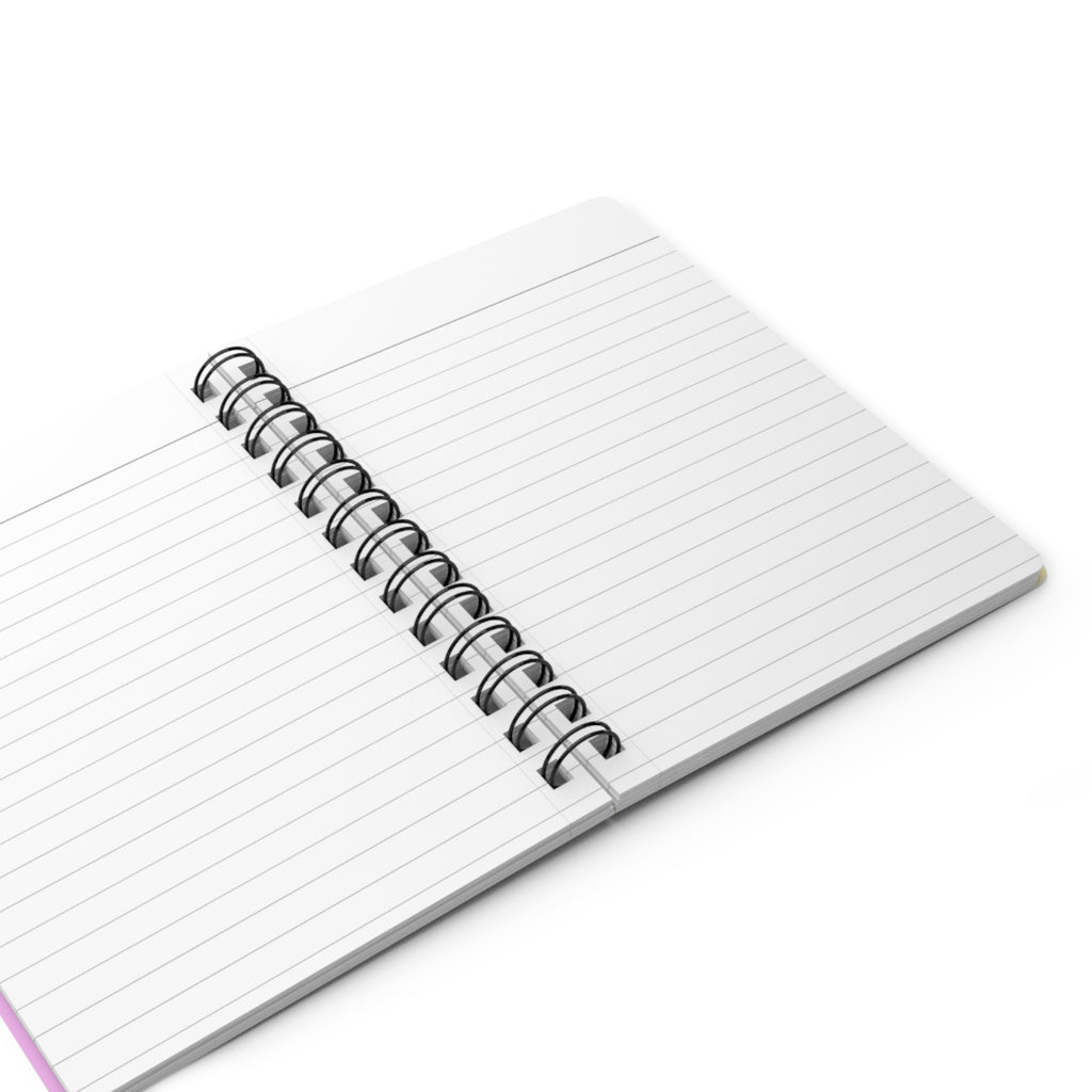 A white lined notebook with a silver metal spiral binding, shown open on a clean white background.
