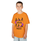 Young boy wearing a youth Gildan 5000B heavy cotton t-shirt in tennessee orange with a Jazz Dance text and graphic