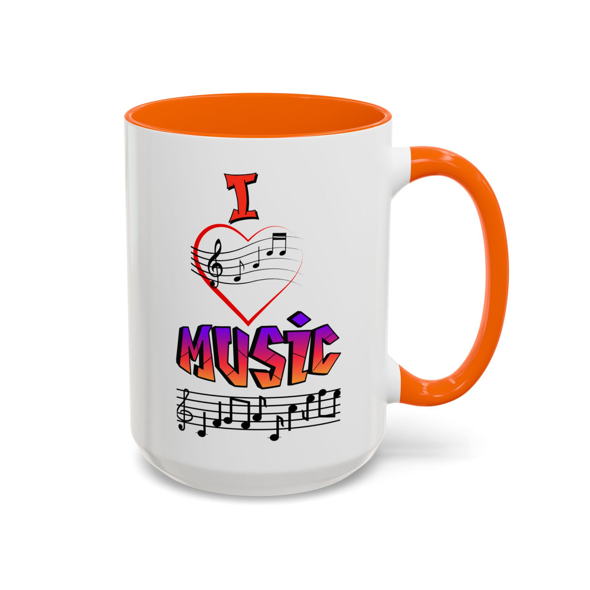 15oz white ceramic I Love Music mug with orange handle and interior Right handed view
