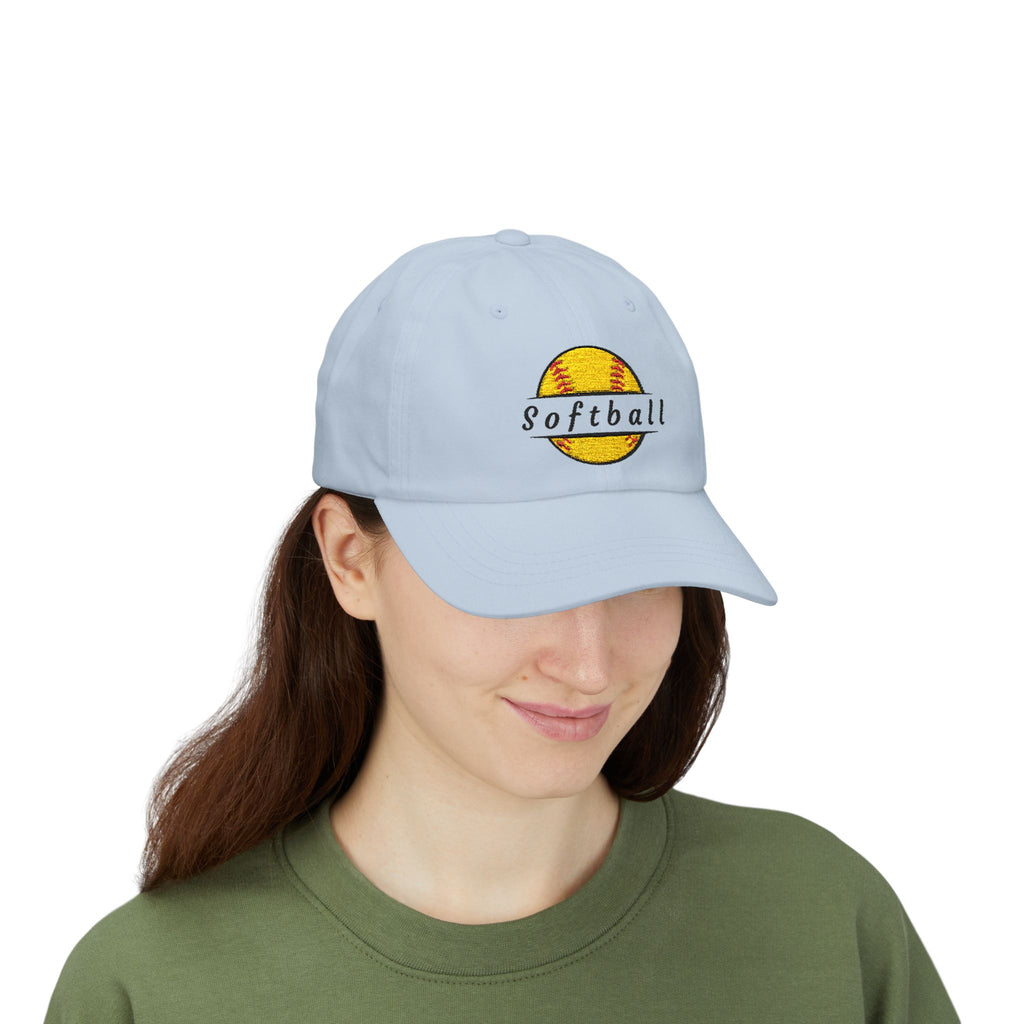 Woman wearing a light blue embroidered classic dad cap hat with a Softball text and graphic