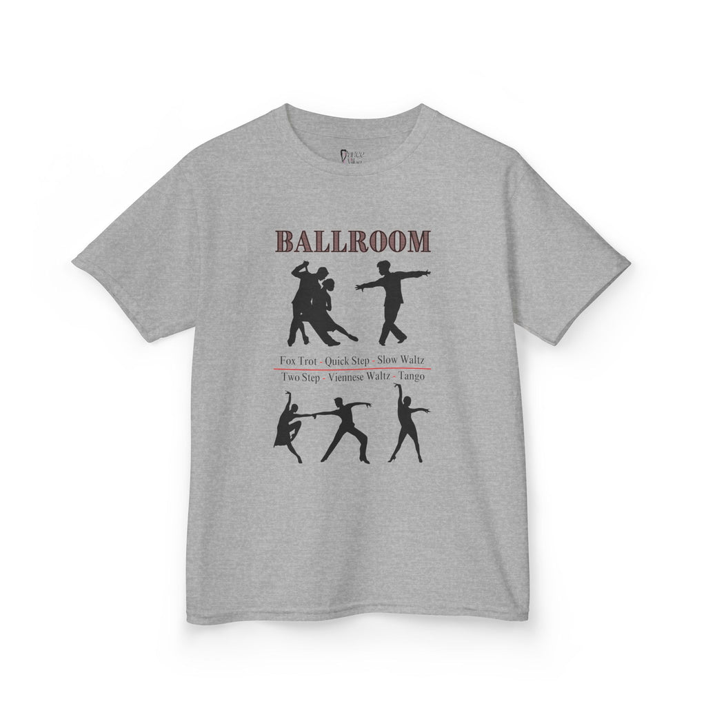 Front view of a youth Gildan 5000B heavy cotton t-shirt in sport grey with a Ballroom Dance Style theme