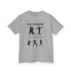 Front view of a youth Gildan 5000B heavy cotton t-shirt in sport grey with a Ballroom Dance Style theme
