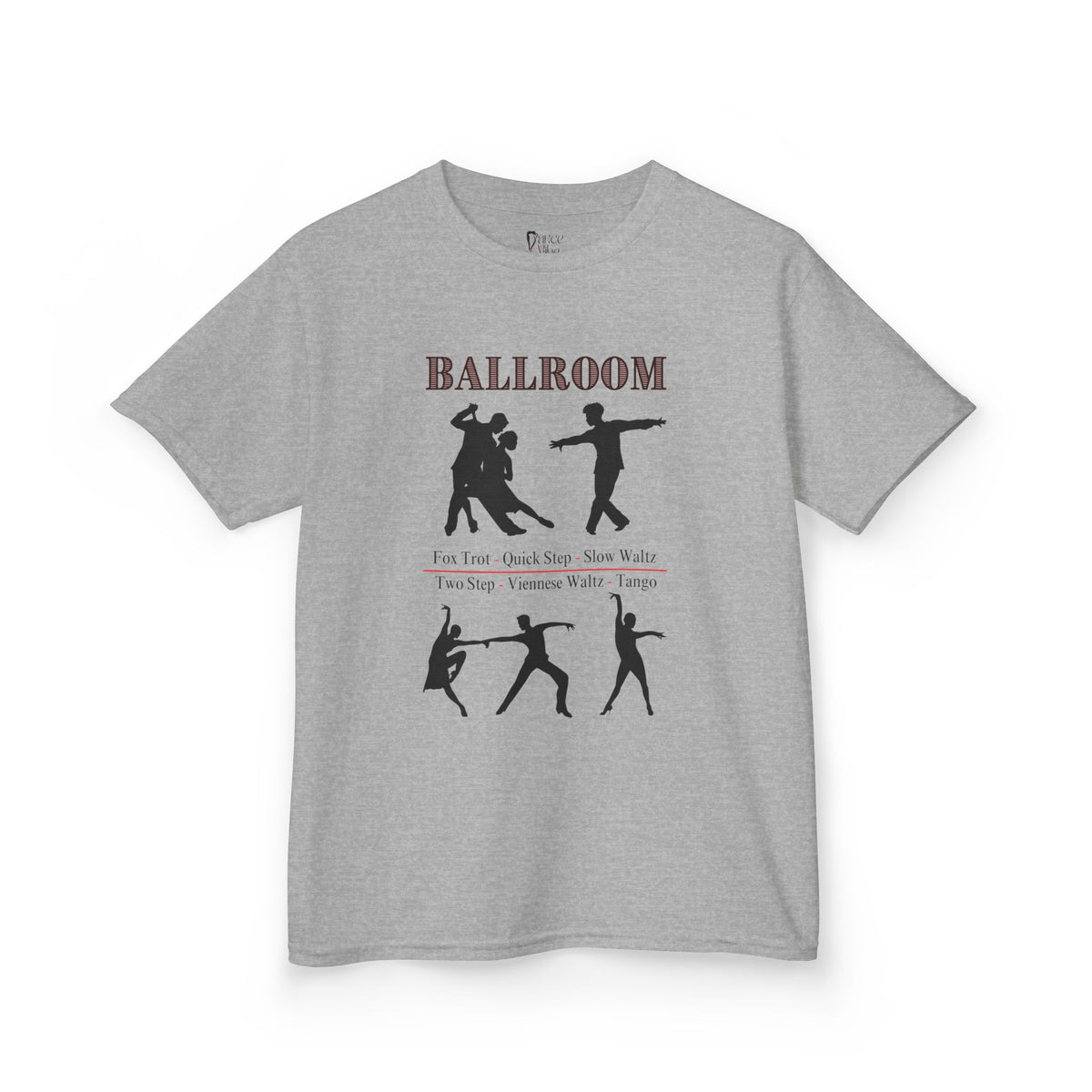 Front view of a youth Gildan 5000B heavy cotton t-shirt in sport grey with a Ballroom Dance Style theme