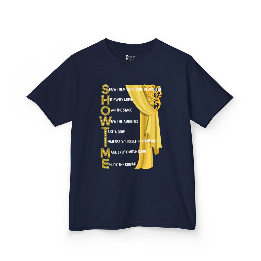 Front view of a youth Gildan 5000B heavy cotton t-shirt in navy with a Showtime text and graphic 