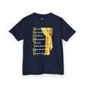 Front view of a youth Gildan 5000B heavy cotton t-shirt in navy with a Showtime text and graphic 