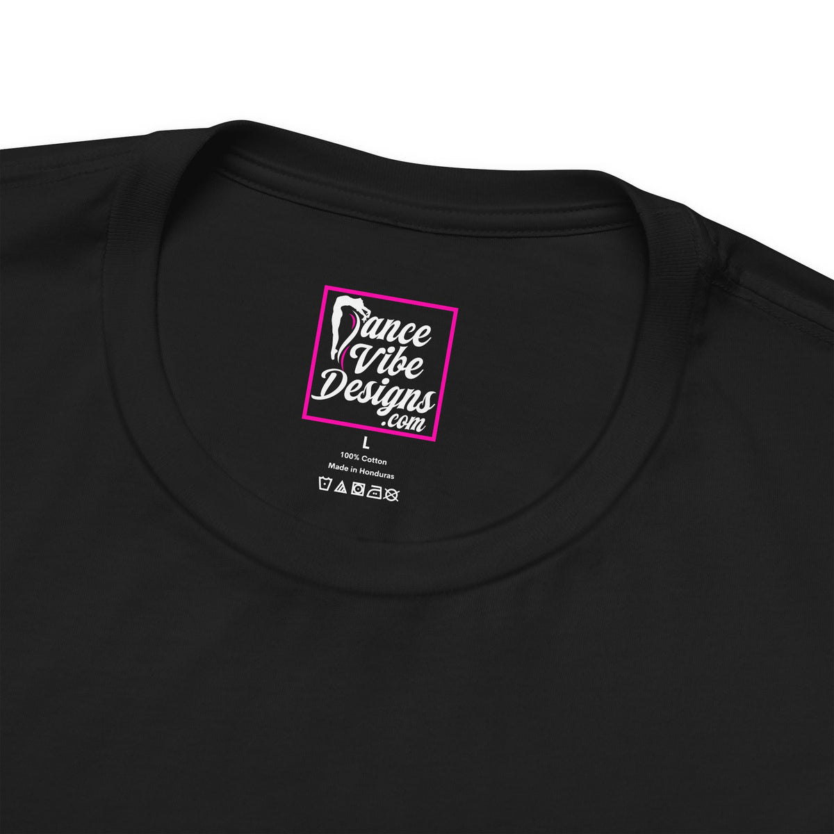 Close up of the Dance Vibe Designs neck label of a black t-shirt