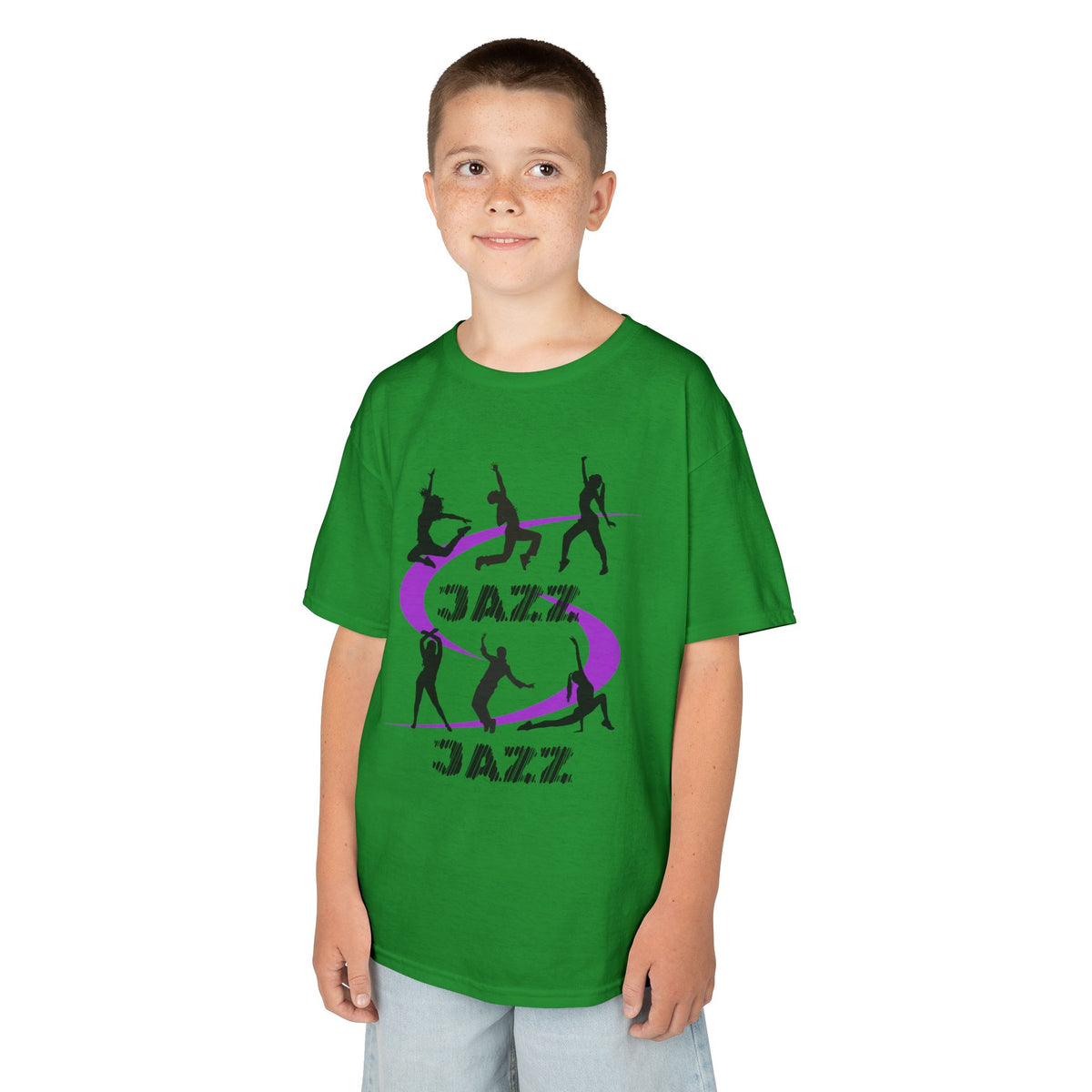 Young boy wearing a youth Gildan 5000B heavy cotton t-shirt in irish green with a Jazz Dance text and graphic