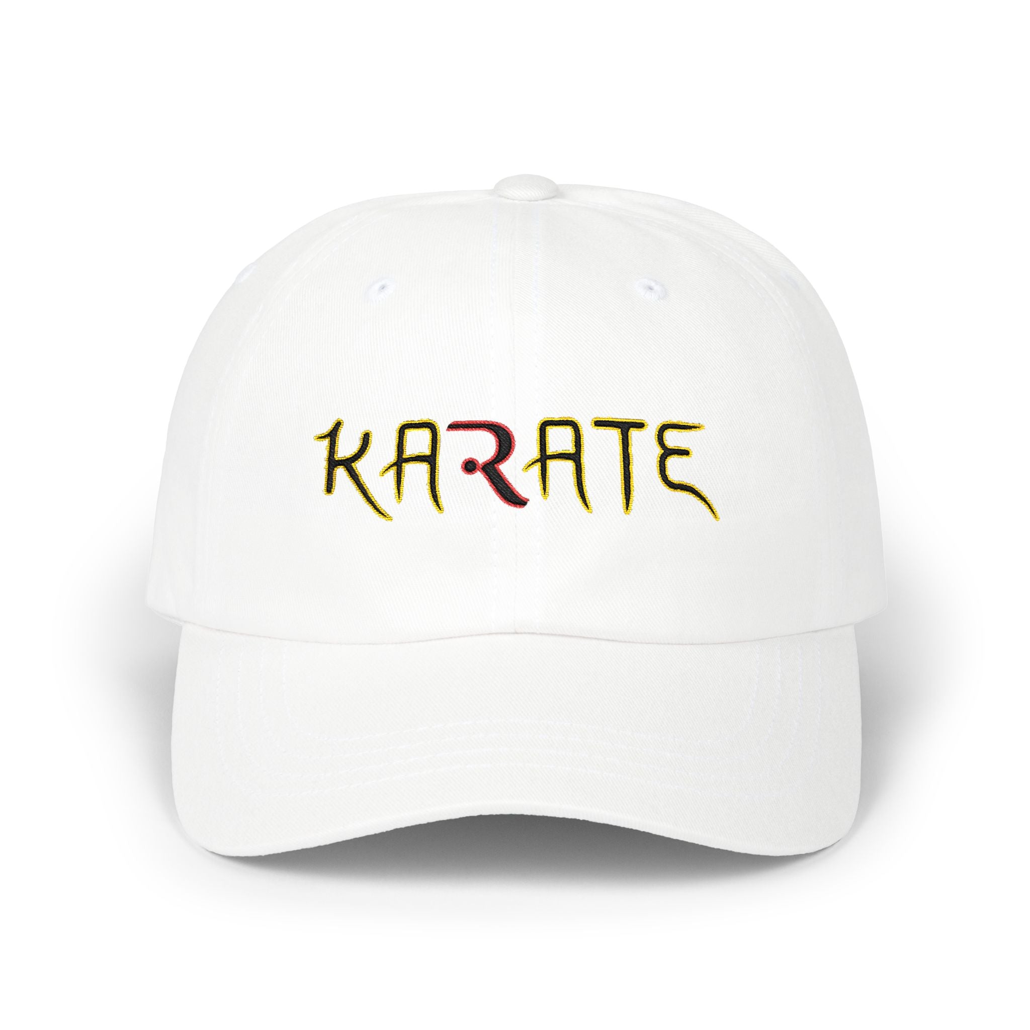 White cap with KARATE embroidered in colorful letters.