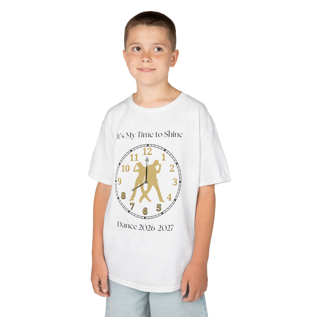 Young boy wearing a youth Gildan 5000B heavy cotton t-shirt in white with an It's My Time to Shine Hip Hop 2026-2027 theme