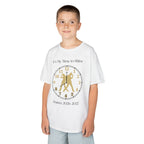 Young boy wearing a youth Gildan 5000B heavy cotton t-shirt in white with an It's My Time to Shine Hip Hop 2026-2027 theme