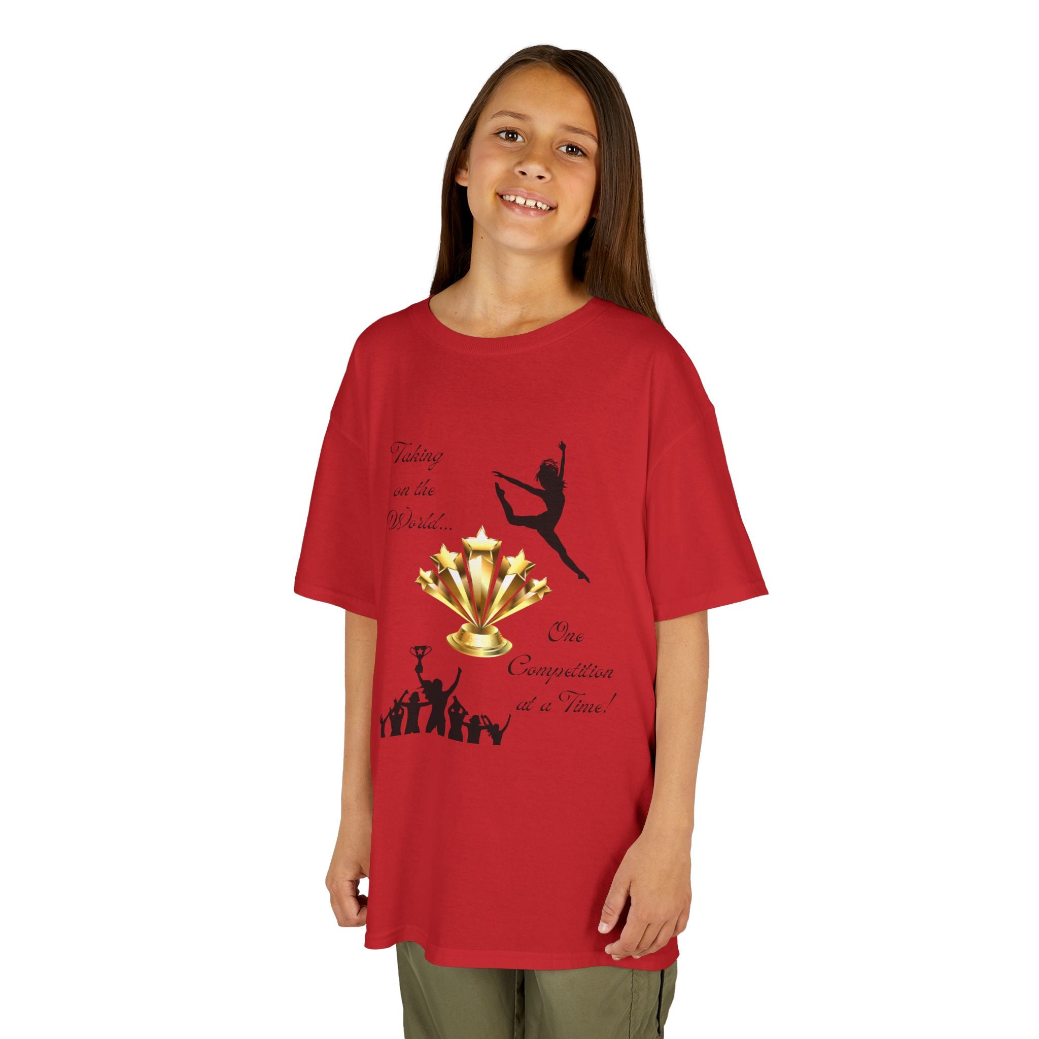 Young girl wearing a youth Gildan 5000B heavy cotton t-shirt in red with a Dance Competition theme