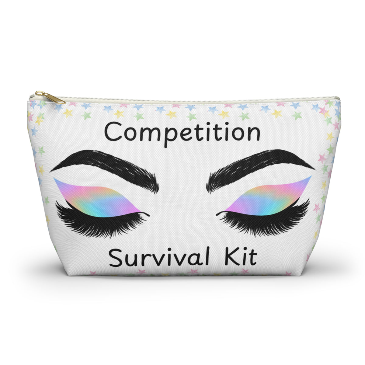 Pouch with eyes and rainbow makeup labeled 'Competition Survival Kit' on a white background with white zipper