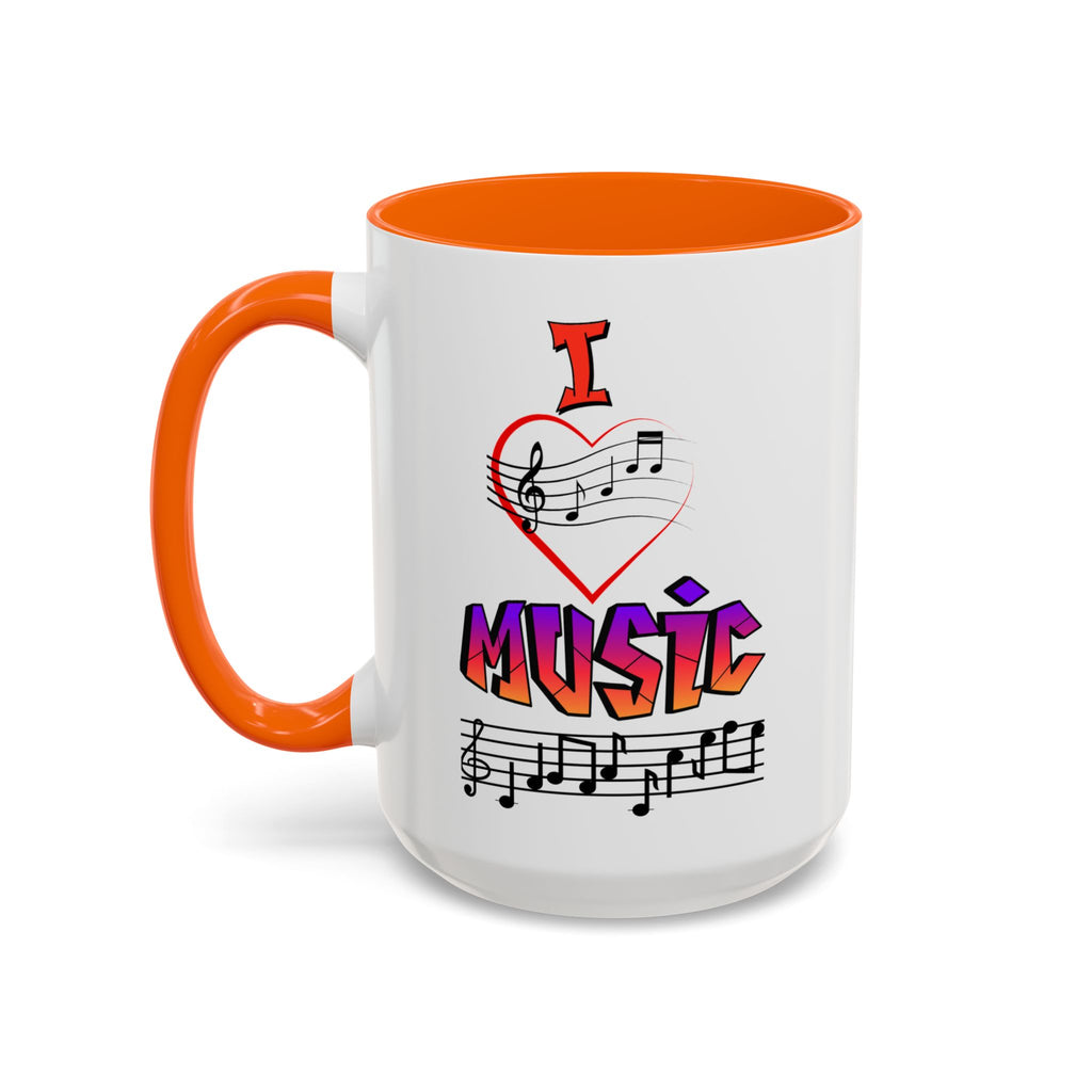 15oz white ceramic I Love Music mug with orange handle and interior Left handed view