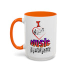 15oz white ceramic I Love Music mug with orange handle and interior Left handed view