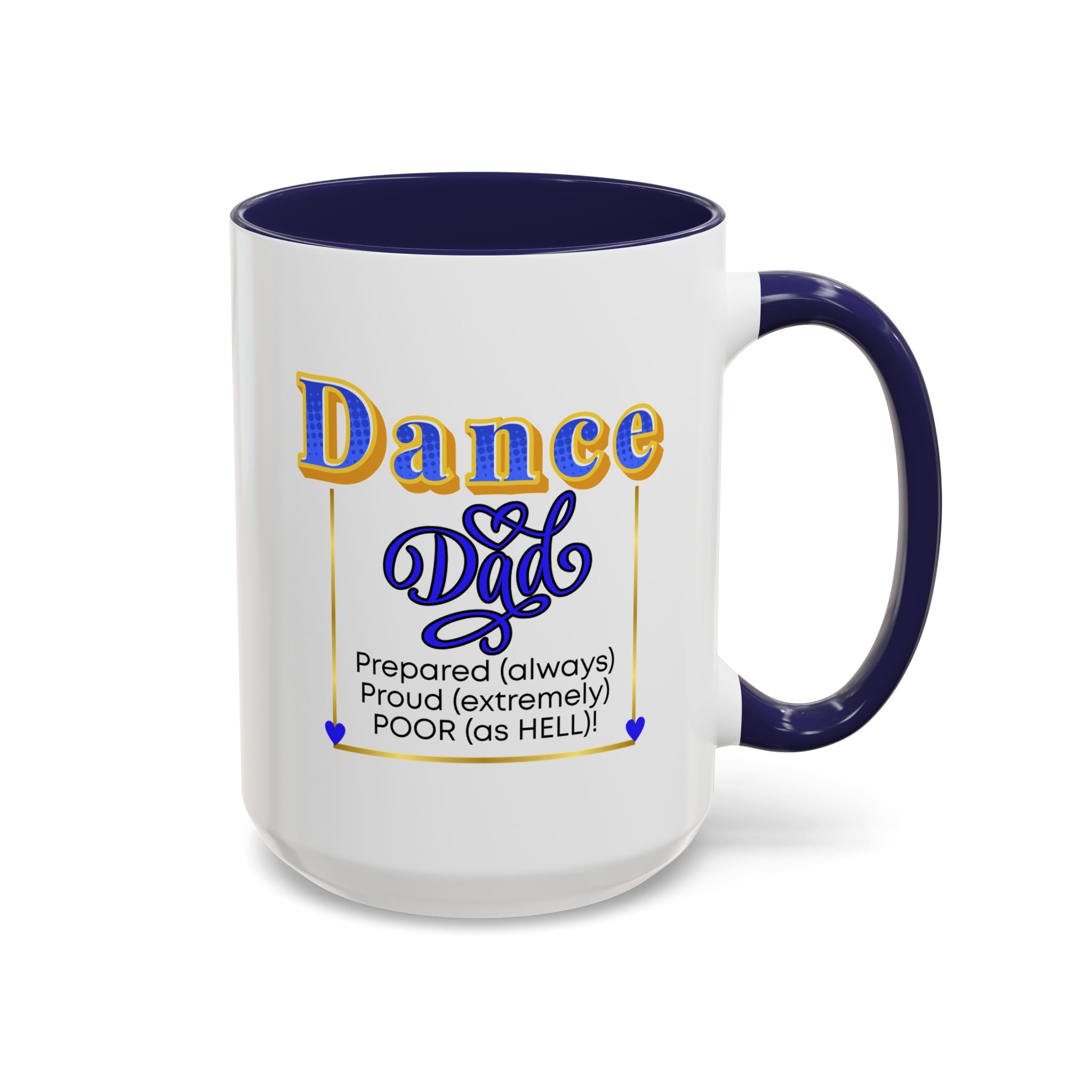 15oz white ceramic Dance Dad mug with navy handle and interior Right handed view