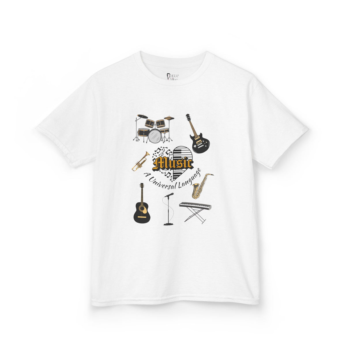 Front view of a youth Gildan 5000B heavy cotton t-shirt in white with a Music A Universal Language theme