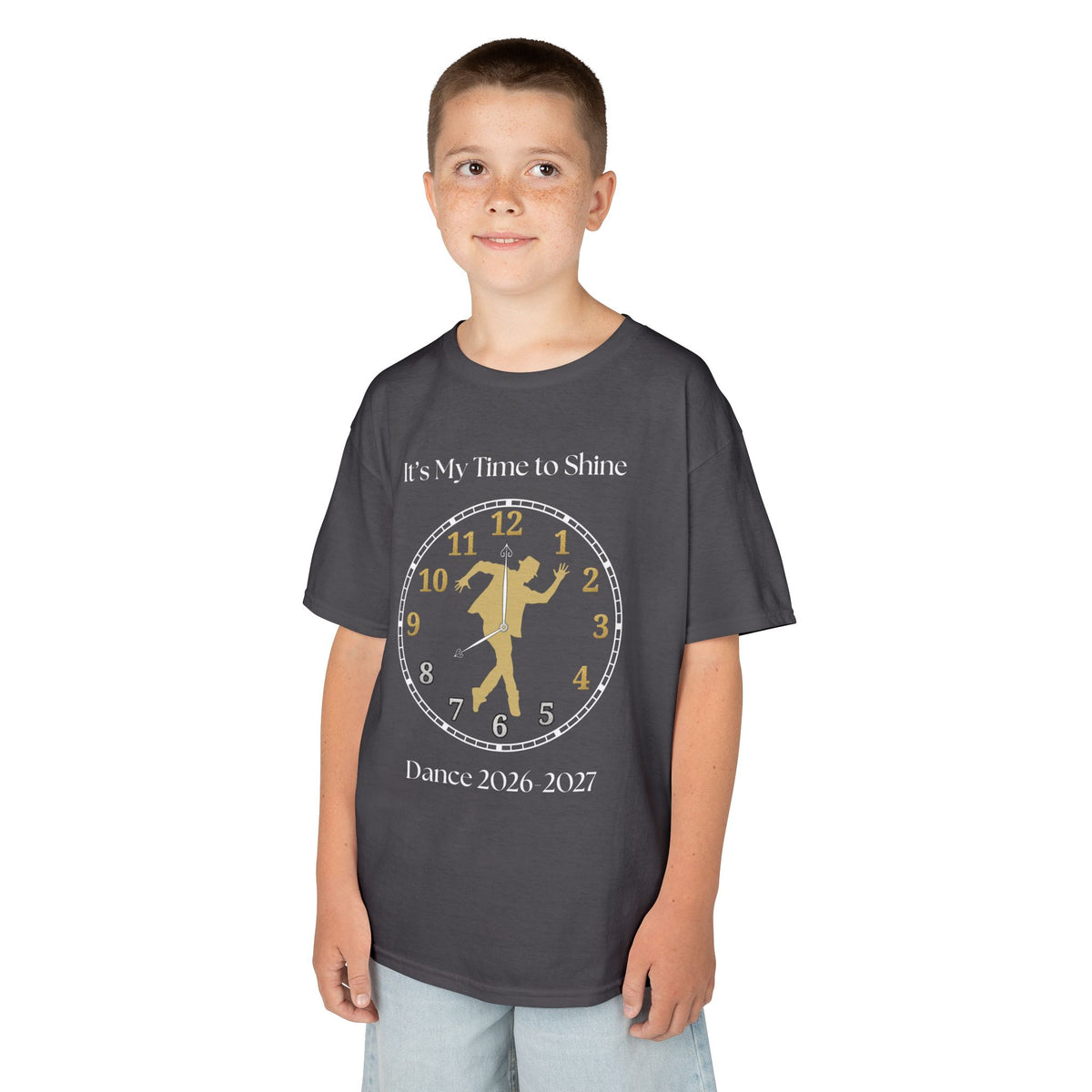 Young boy wearing a youth Gildan 5000B heavy cotton t-shirt in charcoal with a Male Broadway Dancer 2026-2027 design