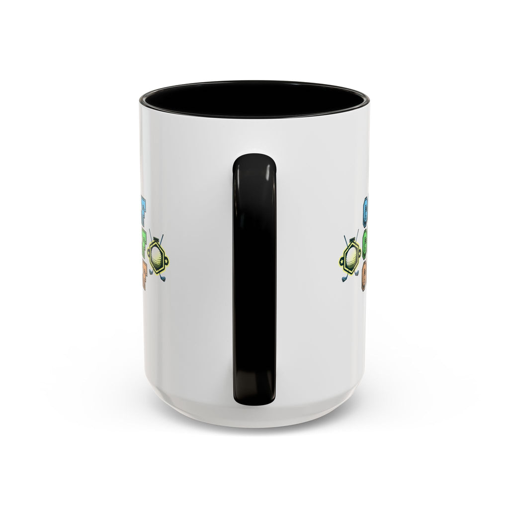 15oz white ceramic Golf mug with black handle and interior Handle view