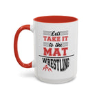 15oz white ceramic Wrestling mug with red handle and interior Left handed view