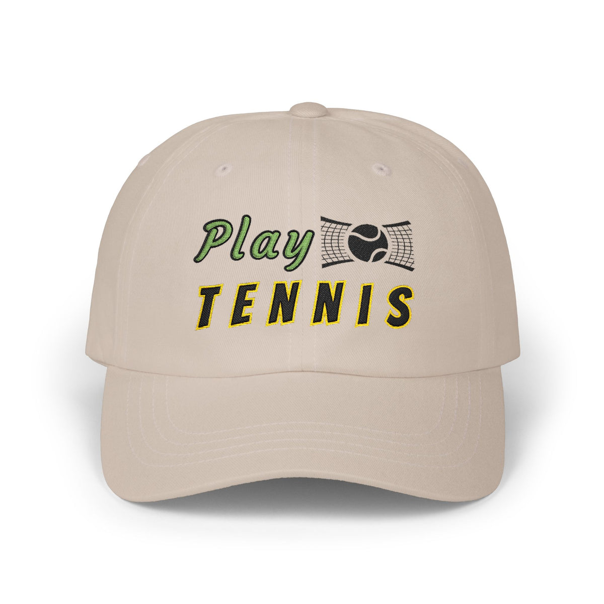 Stone embroidered classic dad cap hat with a Play Tennis text and graphic Front view