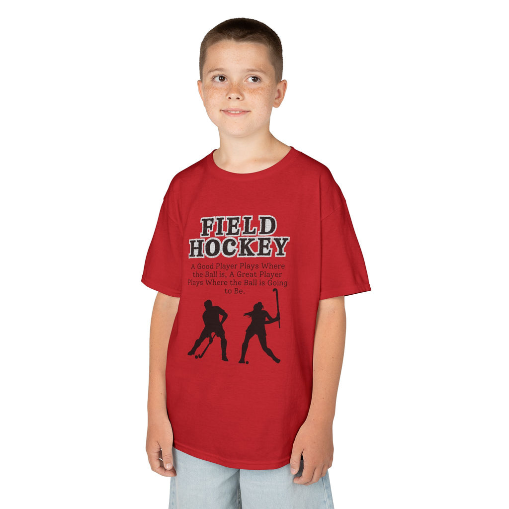 Young boy wearing a youth Gildan 5000B heavy cotton t-shirt in red with a Field Hockey text and graphic
