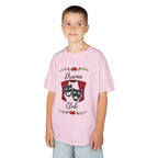 Young boy wearing a youth Gildan 5000B heavy cotton t-shirt in light pink with a Drama Club text and graphic 