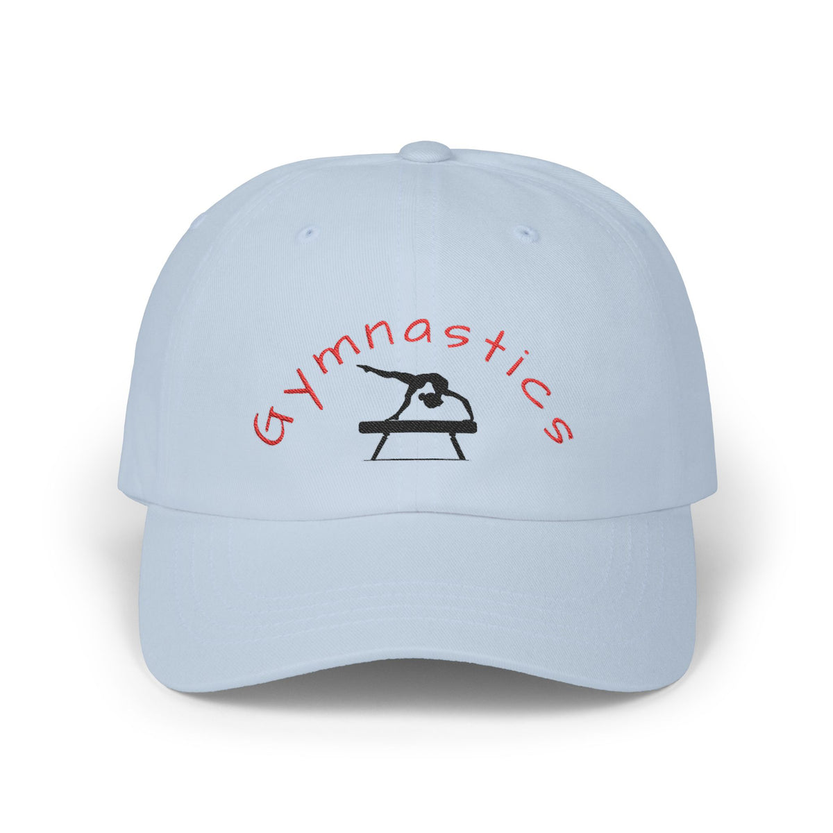 Light blue embroidered classic dad cap hat with a Gymnastics text and graphic Front view