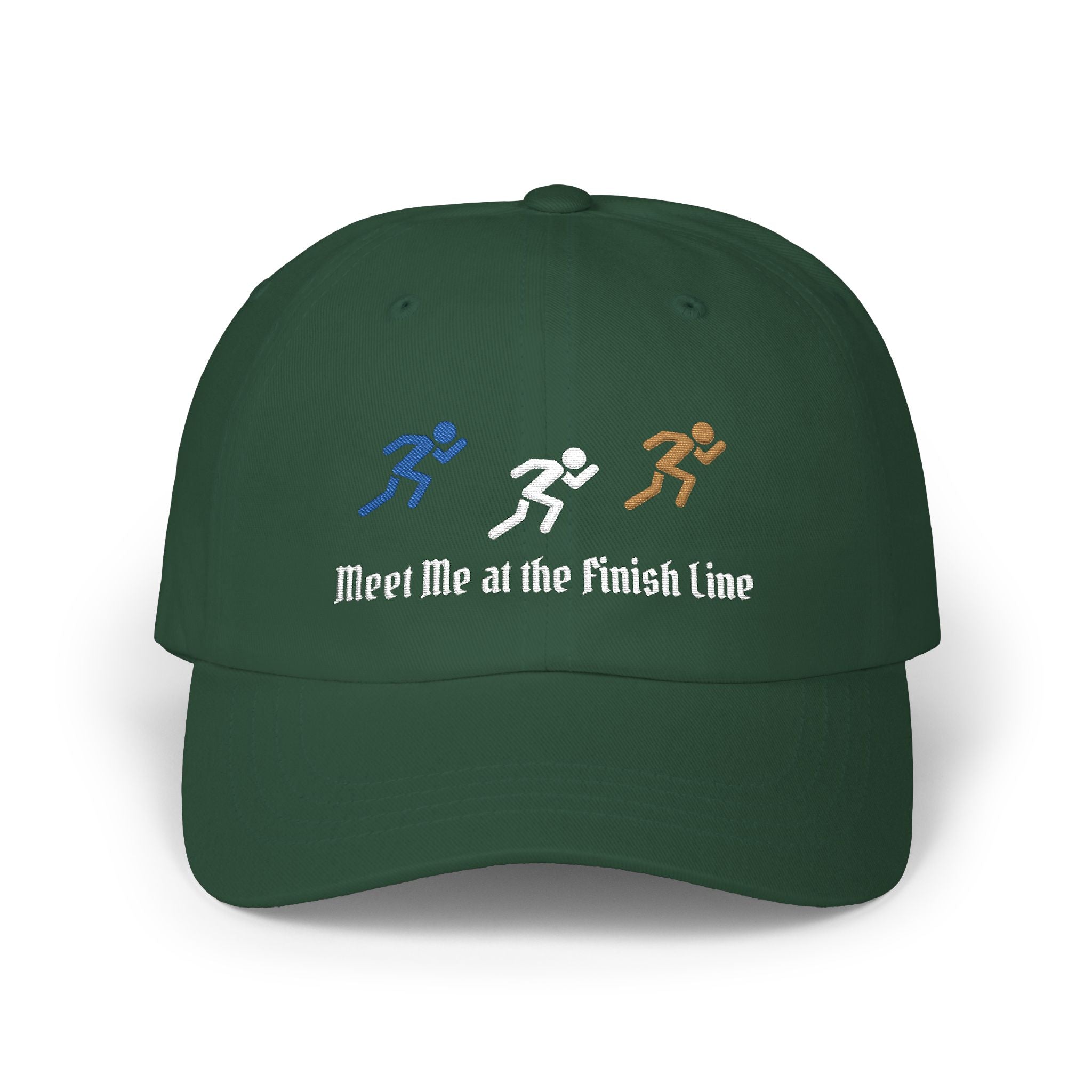 Spruce embroidered classic dad cap hat with a Meet Me at the Finish Line text and graphic Front view
