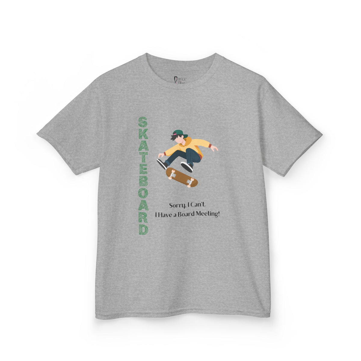Front view of a youth Gildan 5000B heavy cotton t-shirt in sport grey featuring a boy Skateboarding