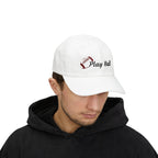 Man wearing a white embroidered classic dad cap hat with Play Ball text and football graphic