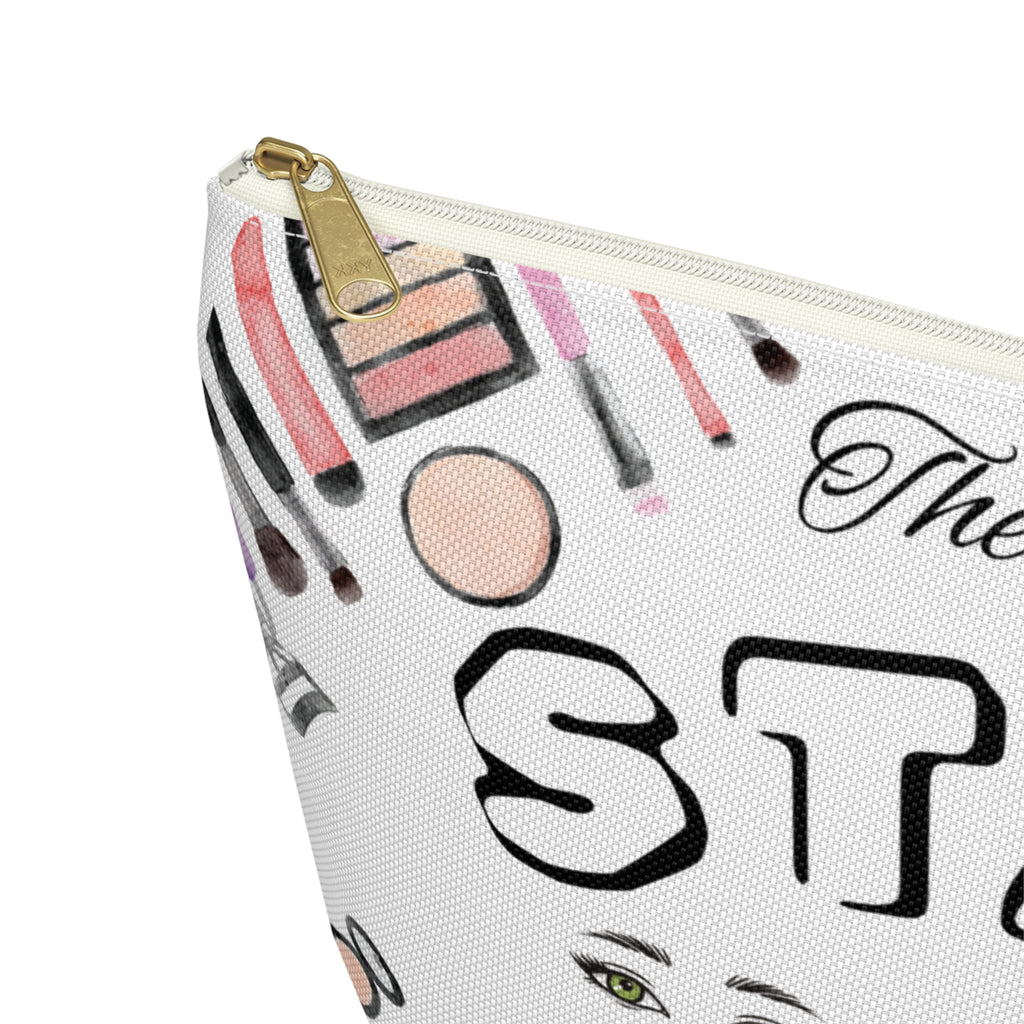 Makeup-themed pouch with cosmetic illustrations and text on a white background close up of white zipper