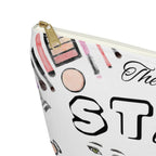 Makeup-themed pouch with cosmetic illustrations and text on a white background close up of white zipper