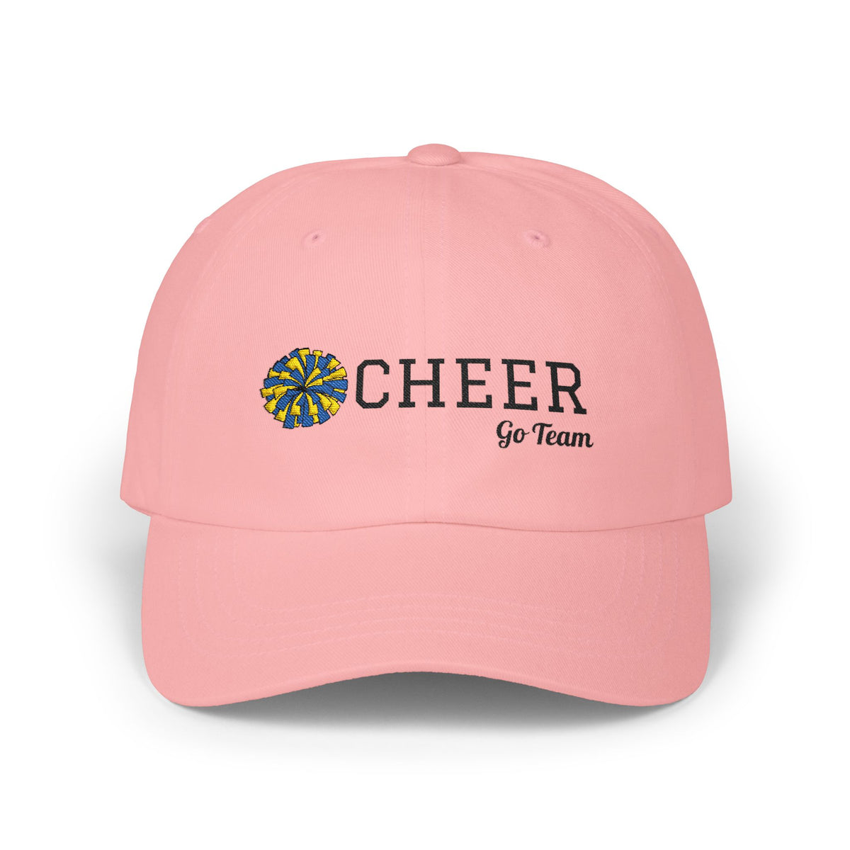 Pink embroidered classic dad cap hat with a Cheer text and graphic Front view