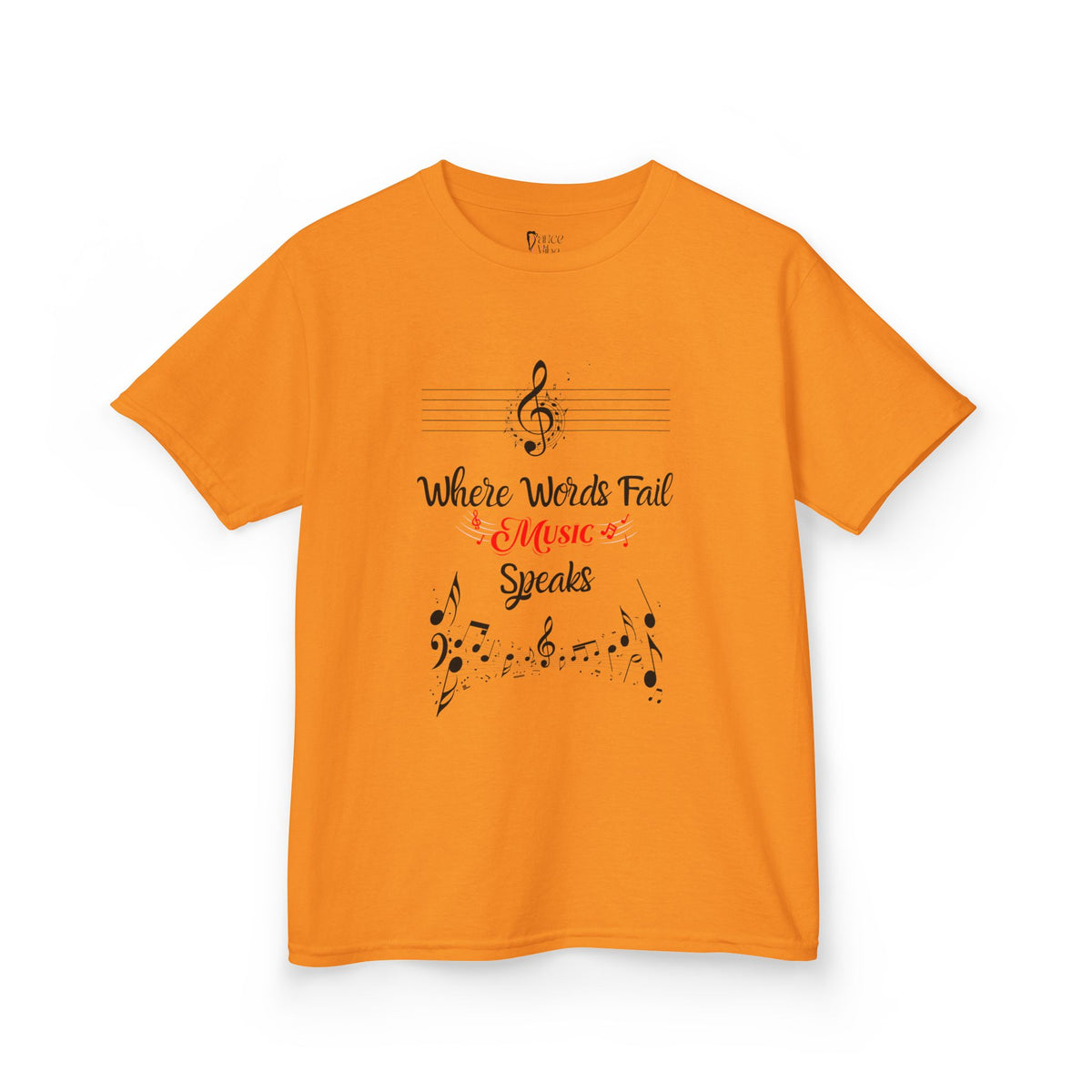 Front view of a youth Gildan 5000B heavy cotton t-shirt in tennessee orange with a Where Words Fail Music Speaks text and graphic