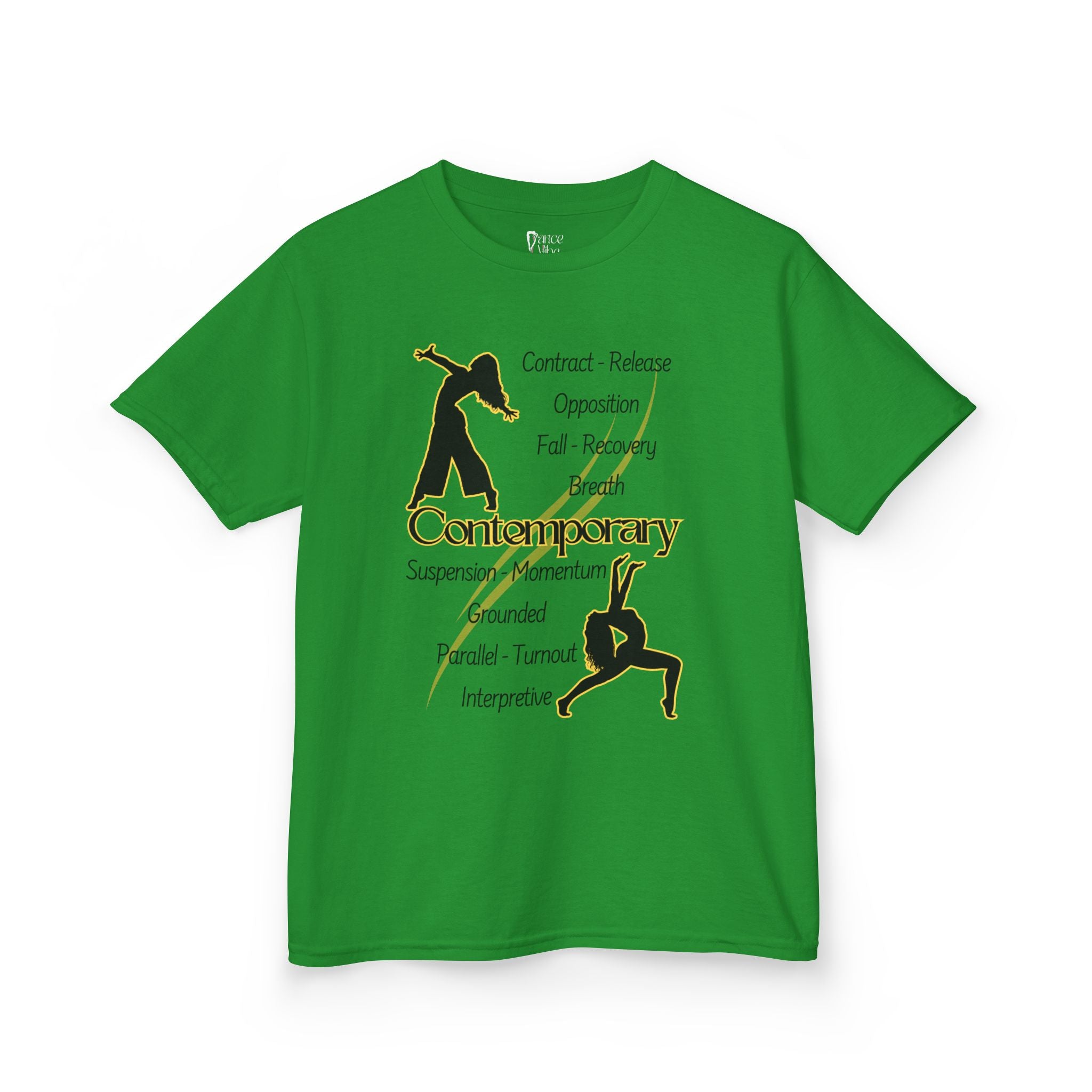 Front view of a youth Gildan 5000B heavy cotton t-shirt in irish green featuring Contemporary Dancers with text