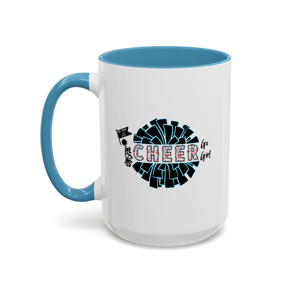 15oz white ceramic Cheer mug with light blue handle and interior Left handed view