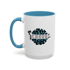 15oz white ceramic Cheer mug with light blue handle and interior Left handed view