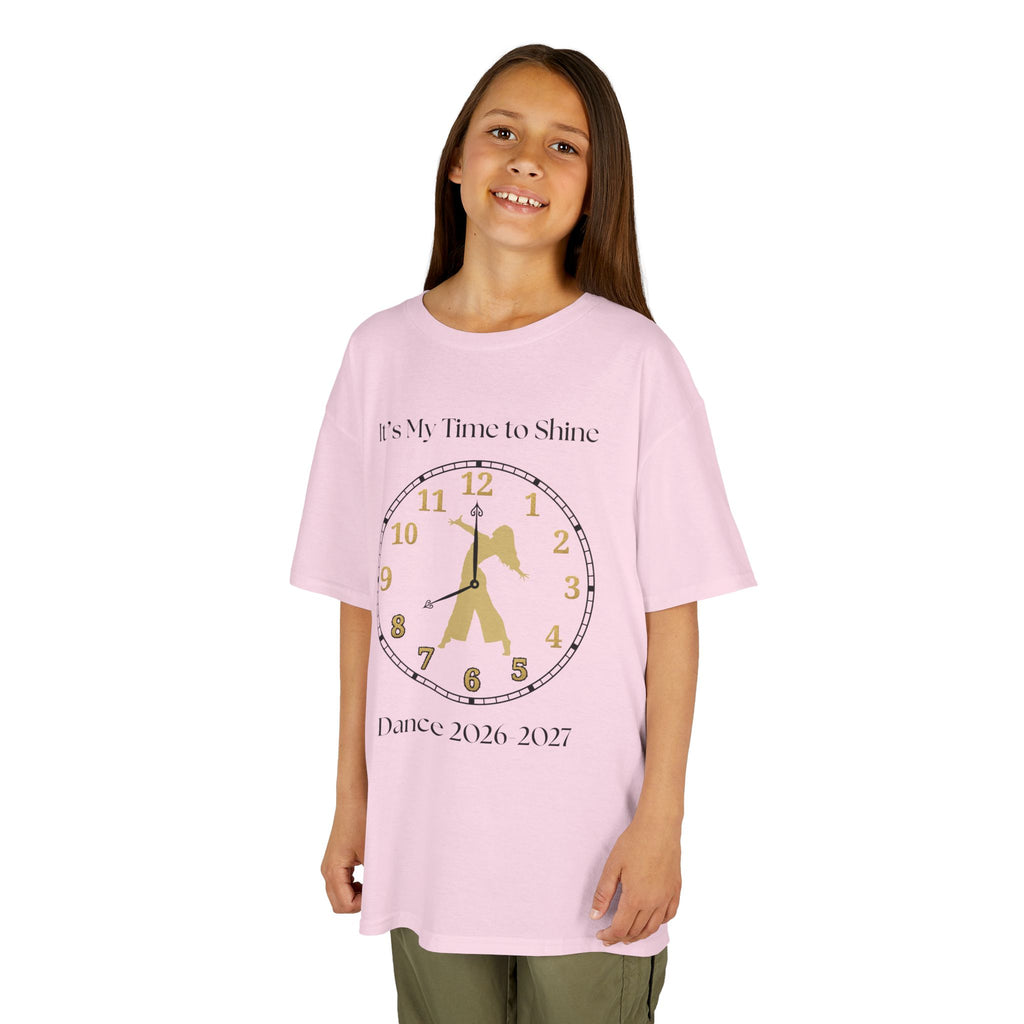 Young girl wearing a youth Gildan 5000B heavy cotton t-shirt in light pink with an It's My Time to Shine Contemporary Dance 2026-2027 theme