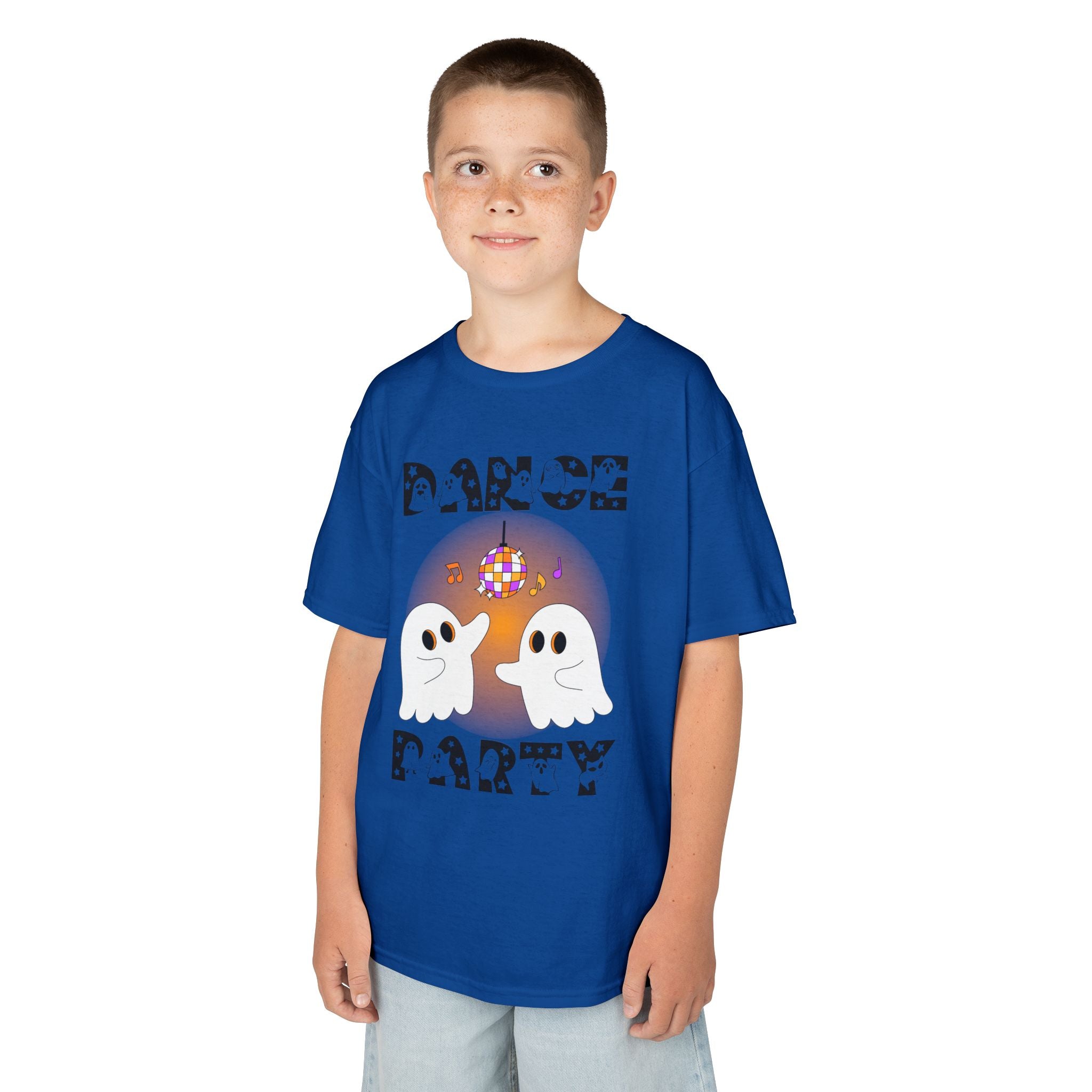Young boy wearing a youth Gildan 5000B heavy cotton t-shirt in royal with a Halloween Dance Party theme