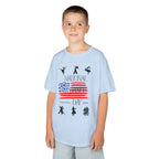 Young boy wearing a youth Gildan 5000B heavy cotton t-shirt in light blue with a National Dance Day theme
