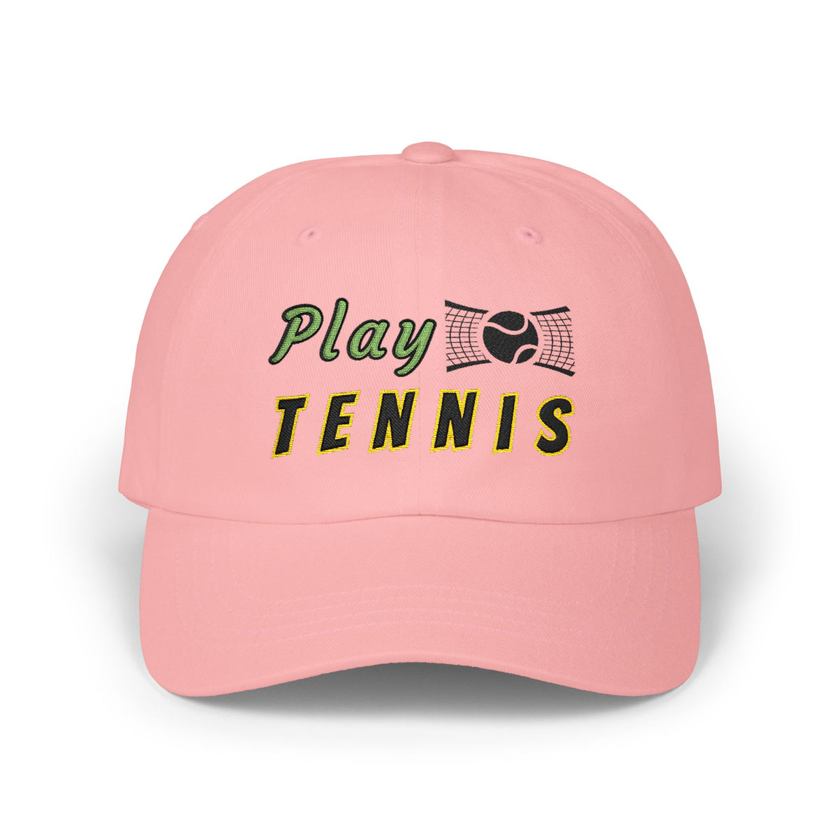 Pink embroidered classic dad cap hat with a Play Tennis text and graphic Front view