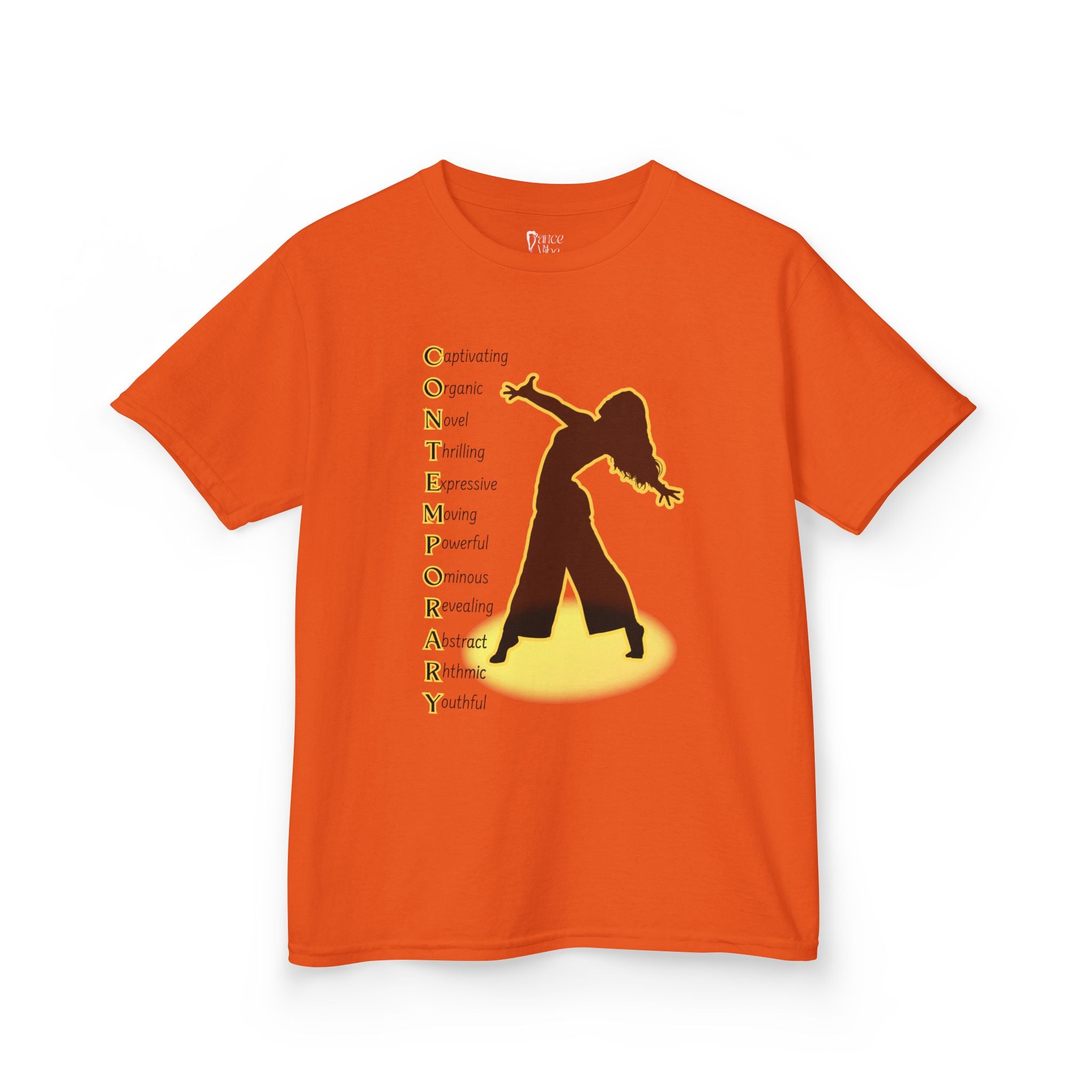 Front view of a youth Gildan 5000B heavy cotton t-shirt in orange with a Contemporary Dance text and graphic