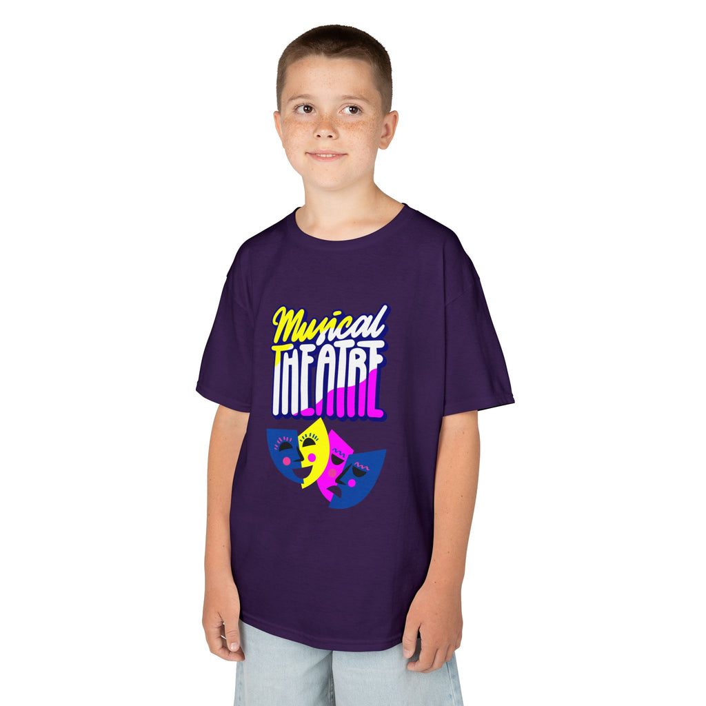 Young boy wearing a youth Gildan 5000B heavy cotton t-shirt in purple with a Musical Theater rainbow mask graphic