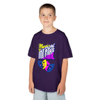 Young boy wearing a youth Gildan 5000B heavy cotton t-shirt in purple with a Musical Theater rainbow mask graphic