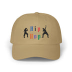 Khaki embroidered classic dad cap hat with a Hip Hop text and graphic Front view