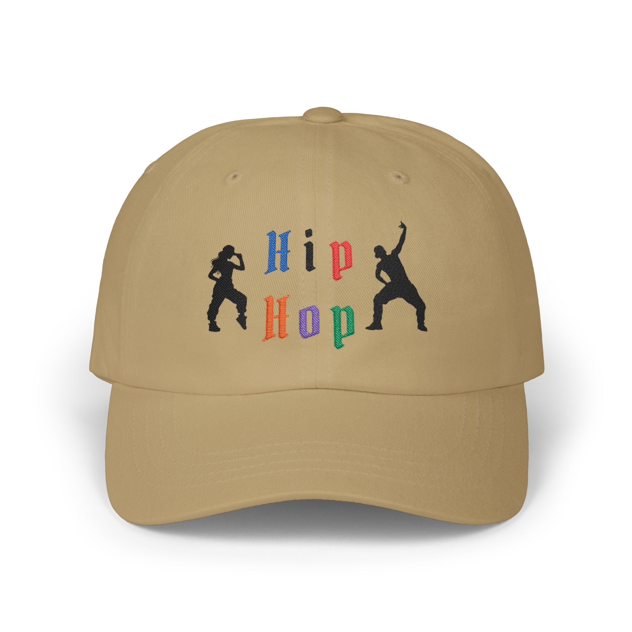 Khaki embroidered classic dad cap hat with a Hip Hop text and graphic Front view